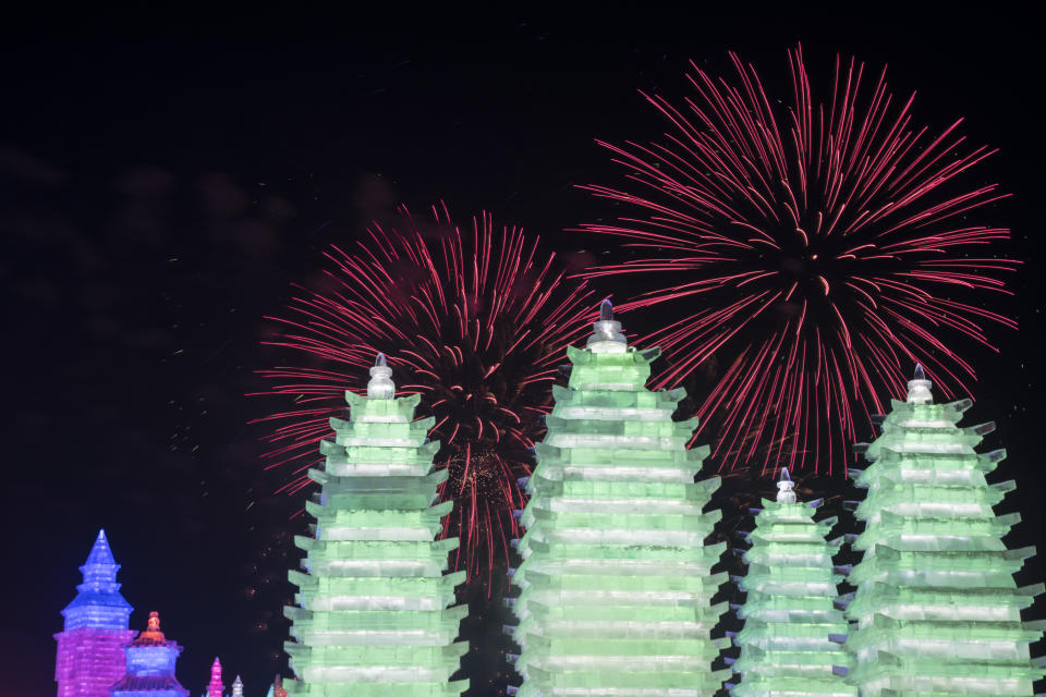 Visitors watch fireworks at the Harbin Ice and Snow World park on Jan. 5, 2019. (Photo: Tao Zhang/Getty Images)