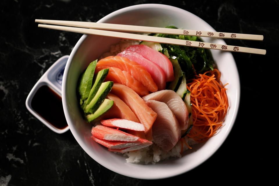 A Sashimi bowl at Pandan Leaves Asian Bistro in the River City Marketplace Wednesday, October 4, 2023.