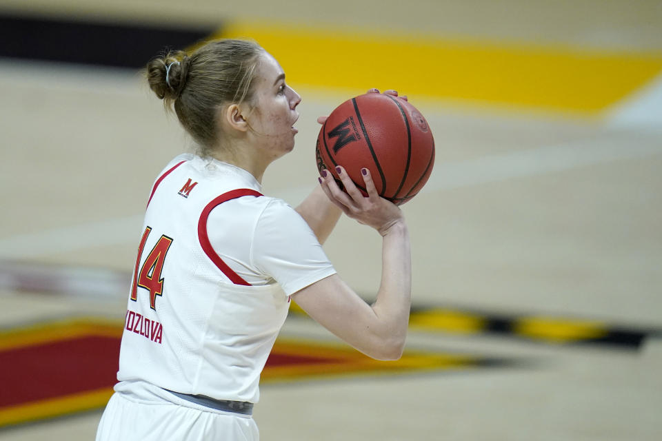 Maryland guard Taisiya Kozlova shoots against Minnesota during the second half of an NCAA college basketball game, Saturday, Feb. 20, 2021, in College Park, Md. (AP Photo/Julio Cortez)
