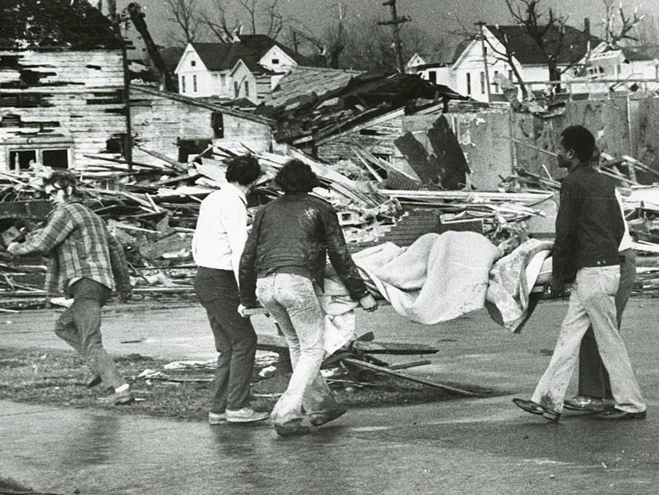 Aftermath of the tornado damage in downtown Xenia on April 3, 1974.