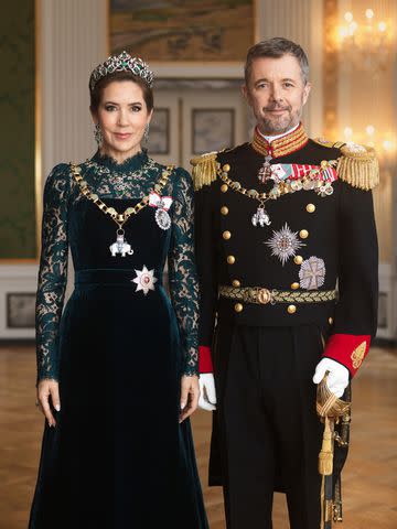 <p>Steen Evald, Kongehuset</p> Queen Mary and King Frederik pose for a gala portrait by Steen Evald at Christiansborg Palace, released by the Danish Royal House on April 25, 2024.