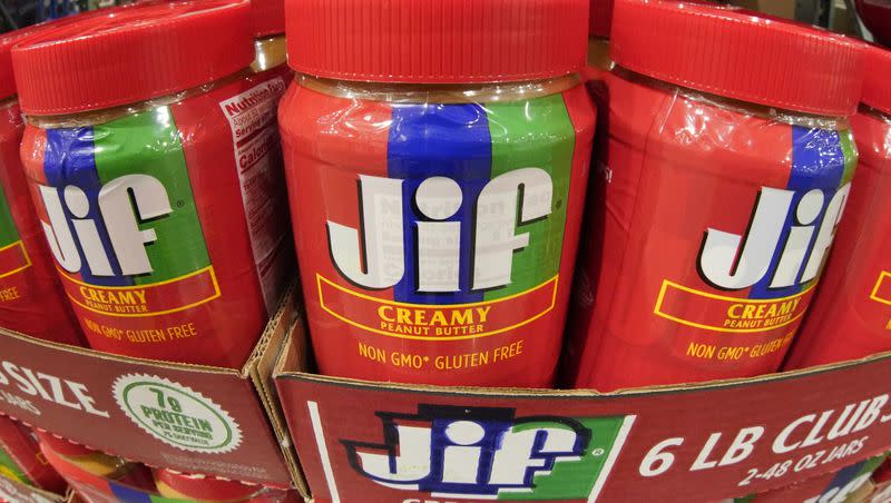 This is a display of Jif peanut butter at a Costco Warehouse in Cranberry, Pa., Thursday, Jan. 12, 2023. The debate about whether peanut butter is allowed in your carry-on sparked again as a Catholic speaker, writer and podcaster Patrick Neve’s peanut butter was refused at airport security in March 2023. But the Transportation Security Administration settled the debate with flavorful flair.