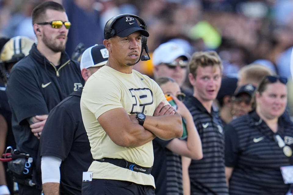 Purdue head coach Ryan Walters watches from the sideline during the second half of an NCAA college football game against Notre Dame in West Lafayette, Ind., Saturday, Sept. 14, 2024. (AP Photo/Michael Conroy)