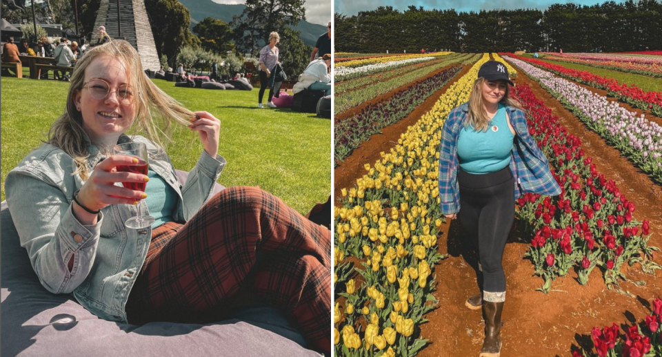 Ashleigh Fay sitting down (left) and standing in a tulip field (right).