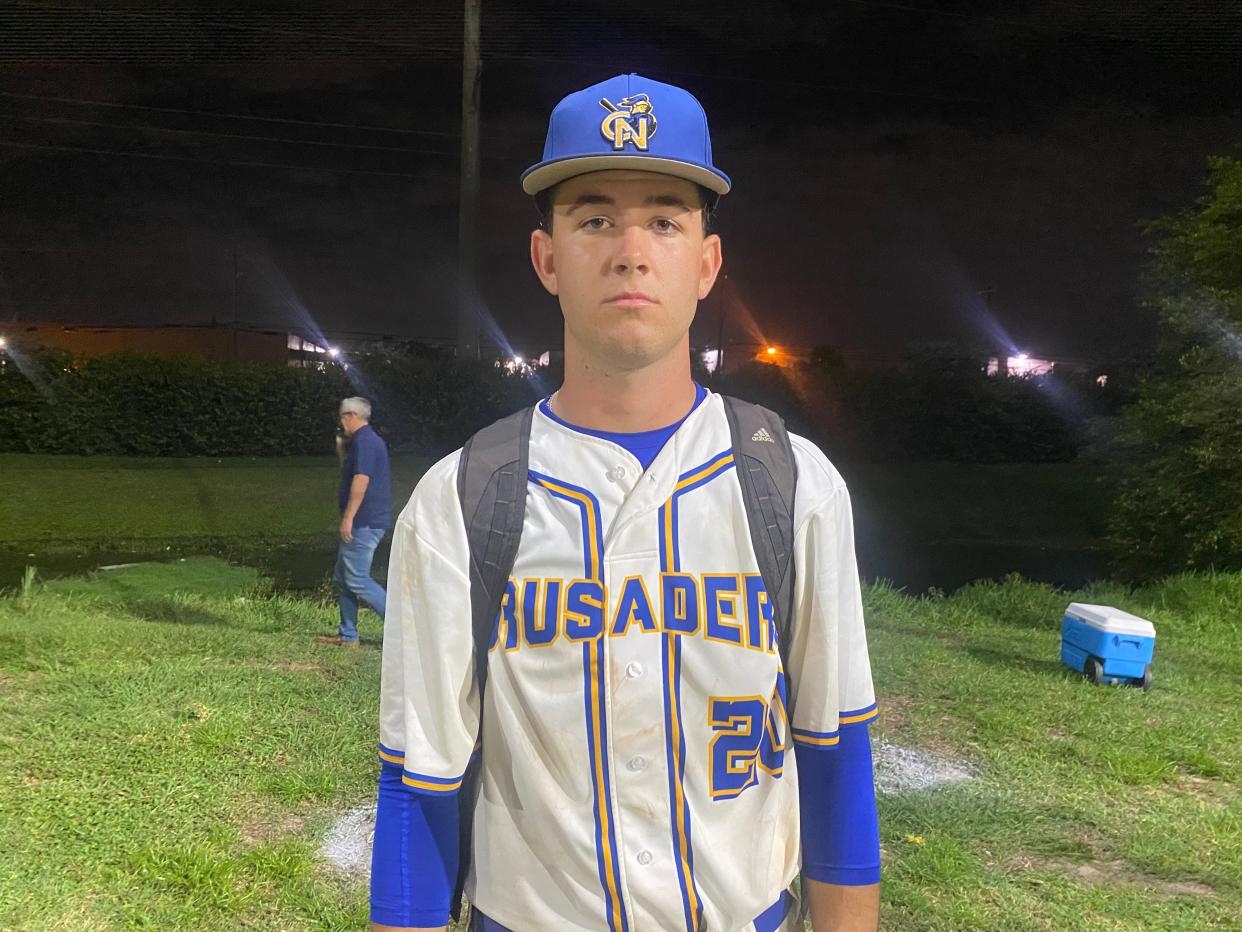 Newman junior Blake Anderson struck out seven through three innings on the mound for the Crusaders’ walk-off victory over rival Benjamin on March 26, 2024.