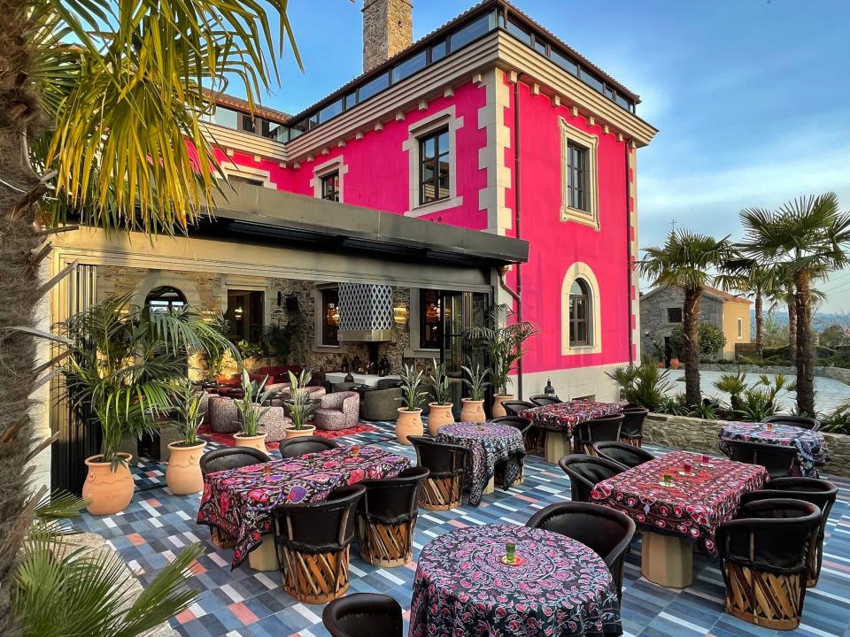 A pink exterior on a building.