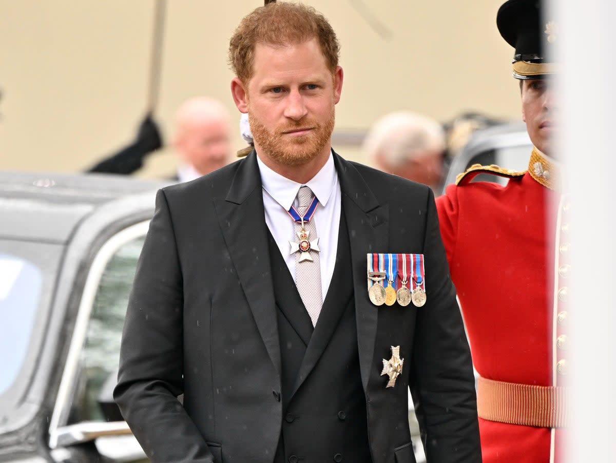 Prince Harry, Duke of Sussex arrives for the Coronation of King Charles III and Queen Camilla at Westminster Abbey on May 6, 2023 in London, England. (Getty Images)