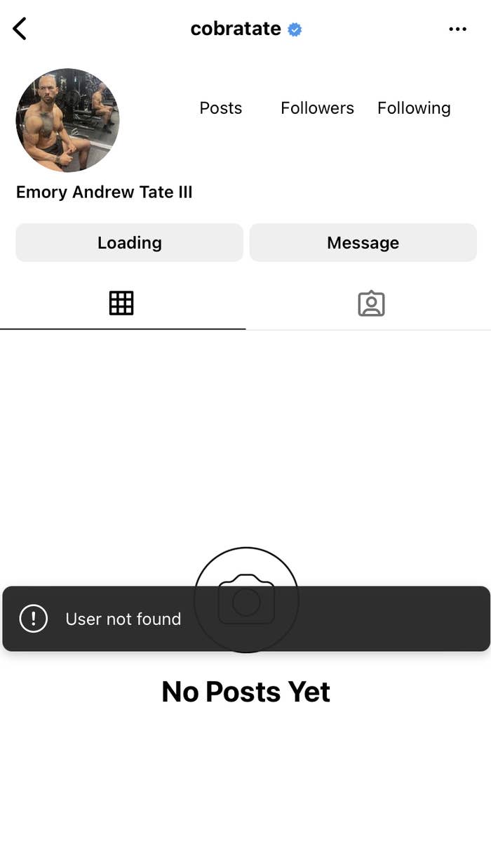 A screenshot of Andrew Tate's Instagram page has a pop-up reading "user not found"