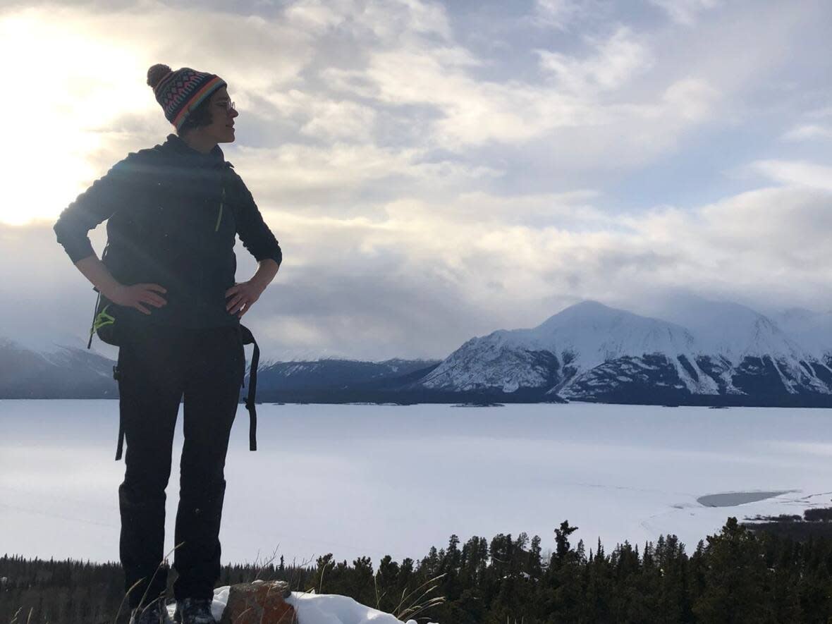 Raphaële Meignen from Montpellier, France, at Atlin Lake, B.C. Last week, Meignen went for a walk on Yukon's Marsh Lake and ended up in the water.  (Submitted by Raphaële Meignen - image credit)