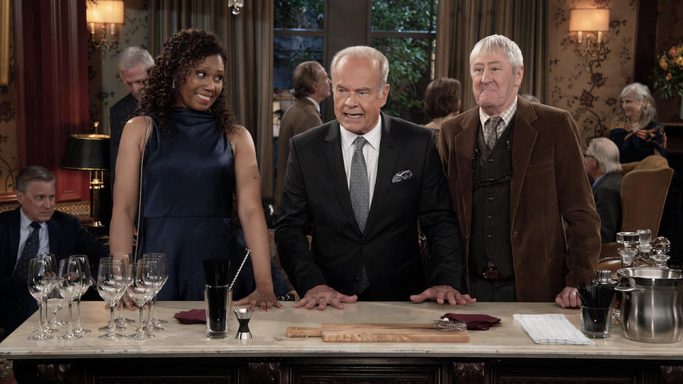 Toks Olagundoye, Kelsey Grammer and Nicholas Lyndhurst in Paramount+'s Frasier