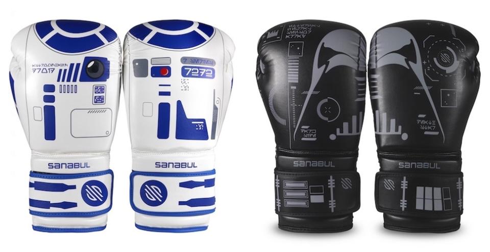 White R2-D2 boxing gloves on the left, black Darth Vader boxing gloves on the right