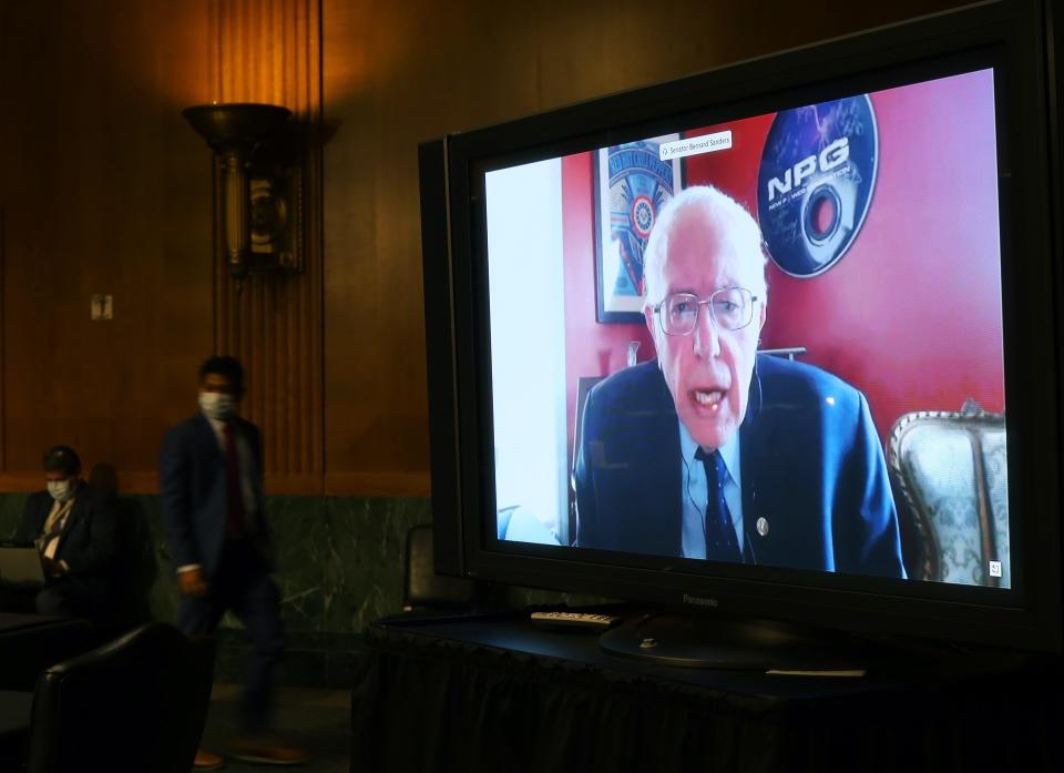 Sen. Bernie Sanders speaks remotely during a Senate Health, Education, Labor and Pensions Committee hearing on Capitol Hill on May 12, 2020 in Washington, DC.