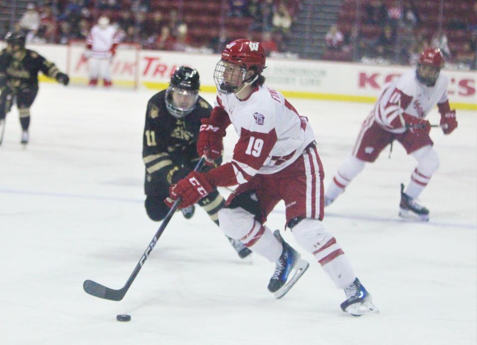 Wisconsin's Quinn Finley, shown against Lindenwood earlier this month, finished with one goal and three assists in the Badgers' 6-5 overtime win at Michigan Saturday.
