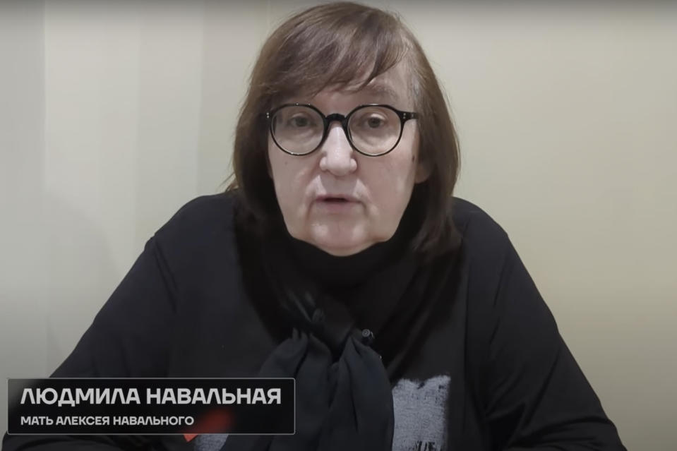 In this grab taken from video provided by the Navalny Team on Thursday, Feb. 22, 2024, Russian Opposition Leader Alexei Navalny's mother Lyudmila Navalnaya speaks during a video statement from the Arctic city of Salekhard, 1937 km (1211 miles) northeast of Moscow, Russia. The mother of Russia's top opposition leader Alexei Navalny says that investigators conducting a probe into her son's death have resorted to blackmail to try to persuade her to agree to his secret burial outside the public eye. (Navalny Team via AP)