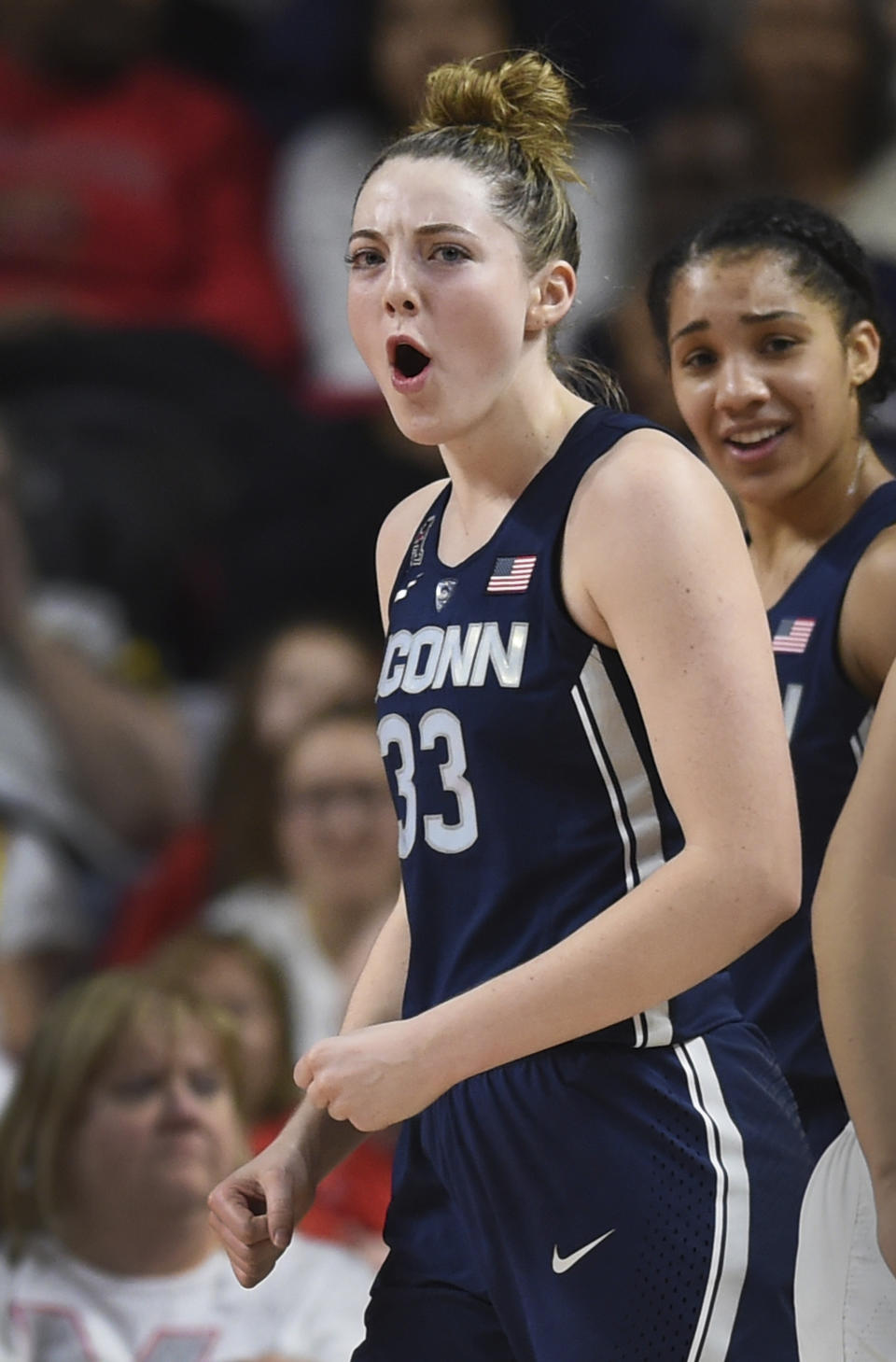 Connecticut's Katie Lou Samuelson reacts after blocking a shot by Maryland during the second half of an NCAA college basketball game, Thursday, Dec. 29, 2016 in College Park, Md. Connecticut won 87-81. (AP Photo/Gail Burton)