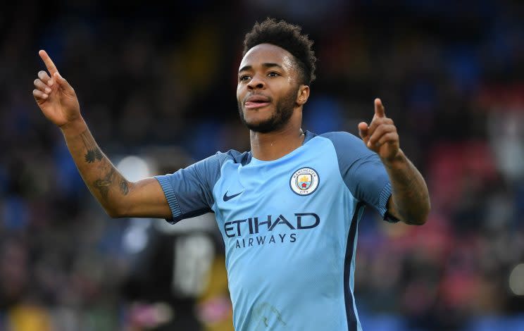 Raheem Sterling celebrates putting Manchester City ahead at Crystal Palace