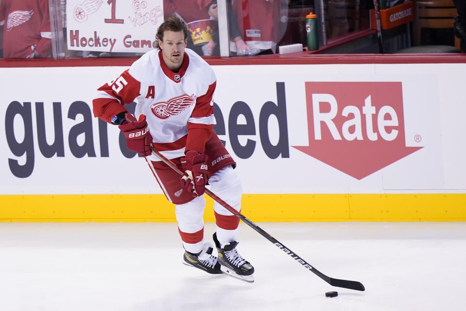 Detroit Red Wings defenseman Danny DeKeyser warms up before the start of an NHL hockey game against the Florida Panthers, Saturday, March 5, 2022, in Sunrise, Fla. (AP Photo/Wilfredo Lee)