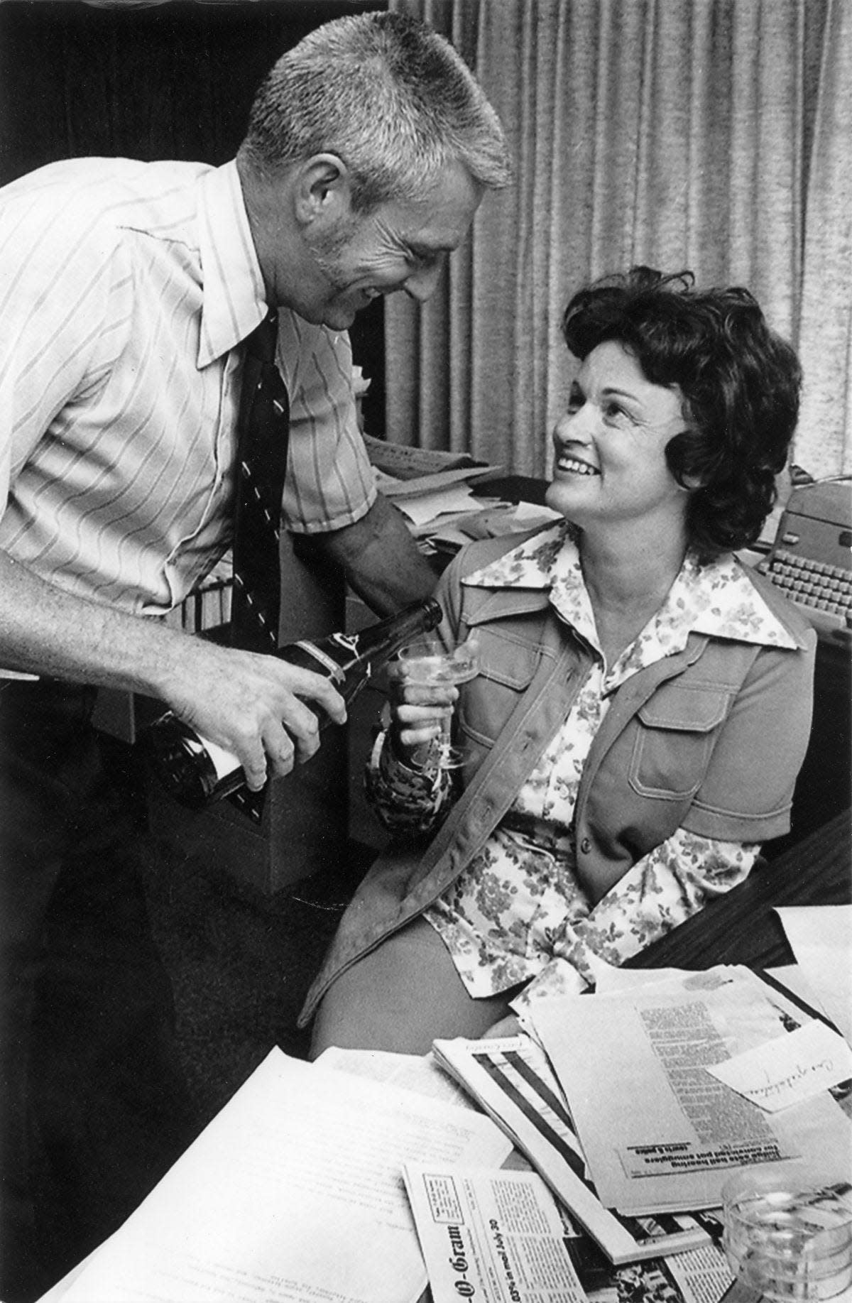 Dick and Lucy Morgan celebrate the July 31, 1976, Florida Supreme Court decision that overturned a jail sentence given to Lucy for refusing to reveal a source.