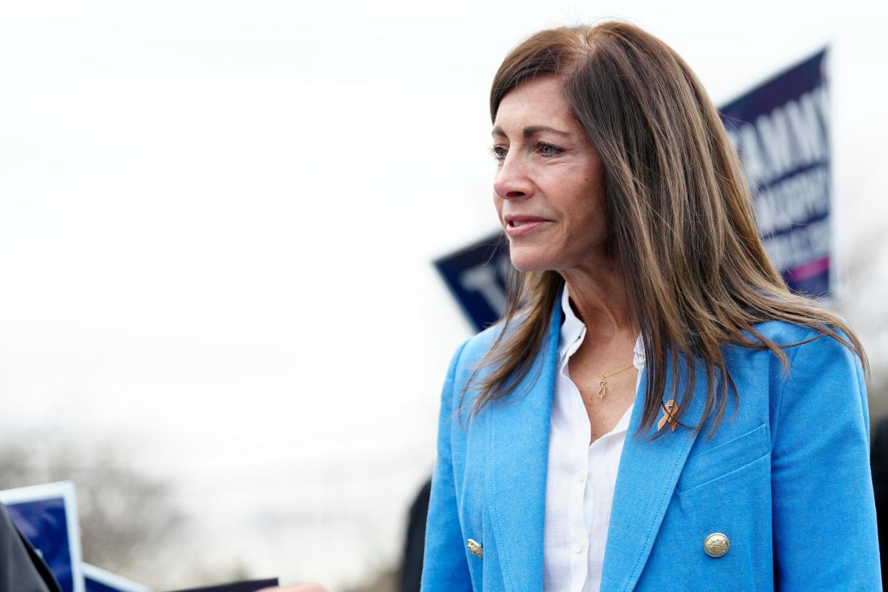 Tammy Murphy speaks with supporters outside the International Brotherhood of Electrical Workers Hall, Local 164, where the Bergen County Democratic Party Convention is being held, Monday, March 4, 2024, in Paramus