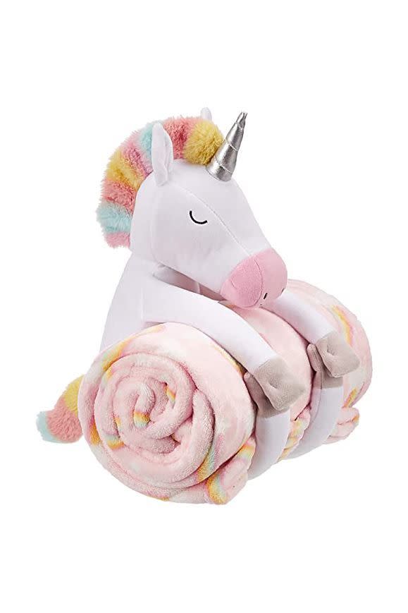 1) Patterned Throw Blanket with Stuffed Unicorn