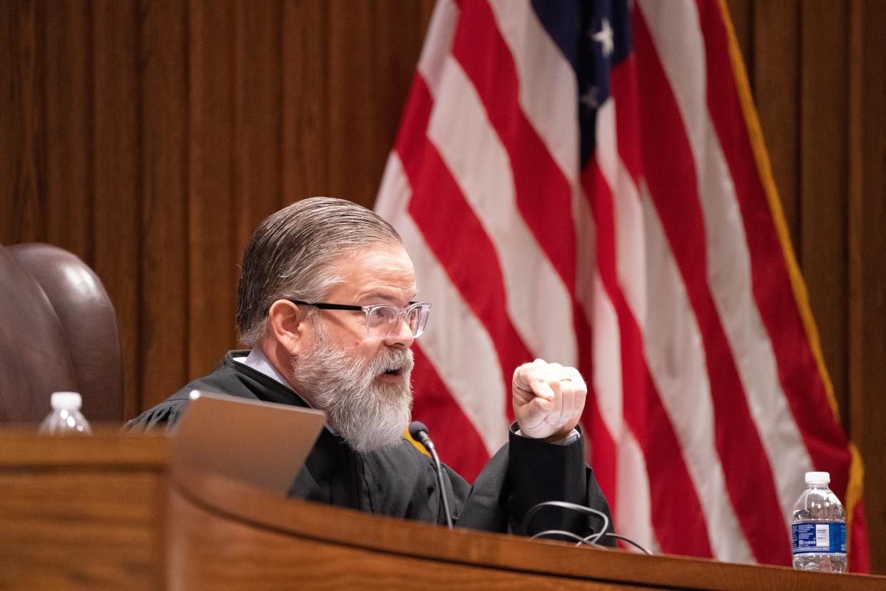 Kansas Supreme Court Justice Caleb Stegall questions arguments set forth during Wednesday's hearing for the League of Women Voters, et al v. Schwab case.  