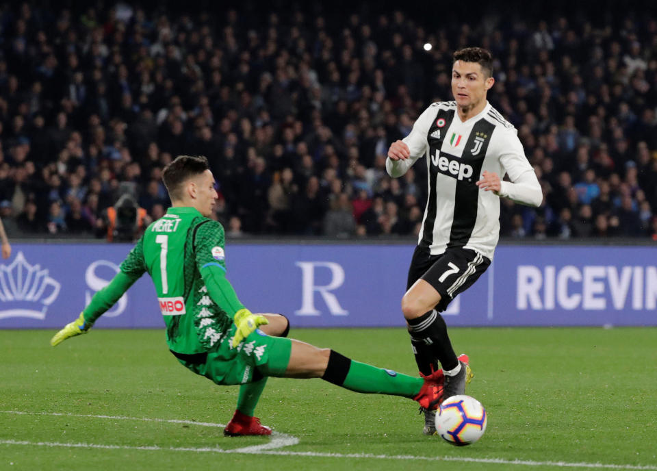 Soccer Football - Serie A - Napoli v Juventus - Stadio San Paolo, Naples, Italy - March 3, 2019   Napoli's Alex Meret fouls Juventus' Cristiano Ronaldo resulting in him receiving a red card    REUTERS/Ciro De Luca