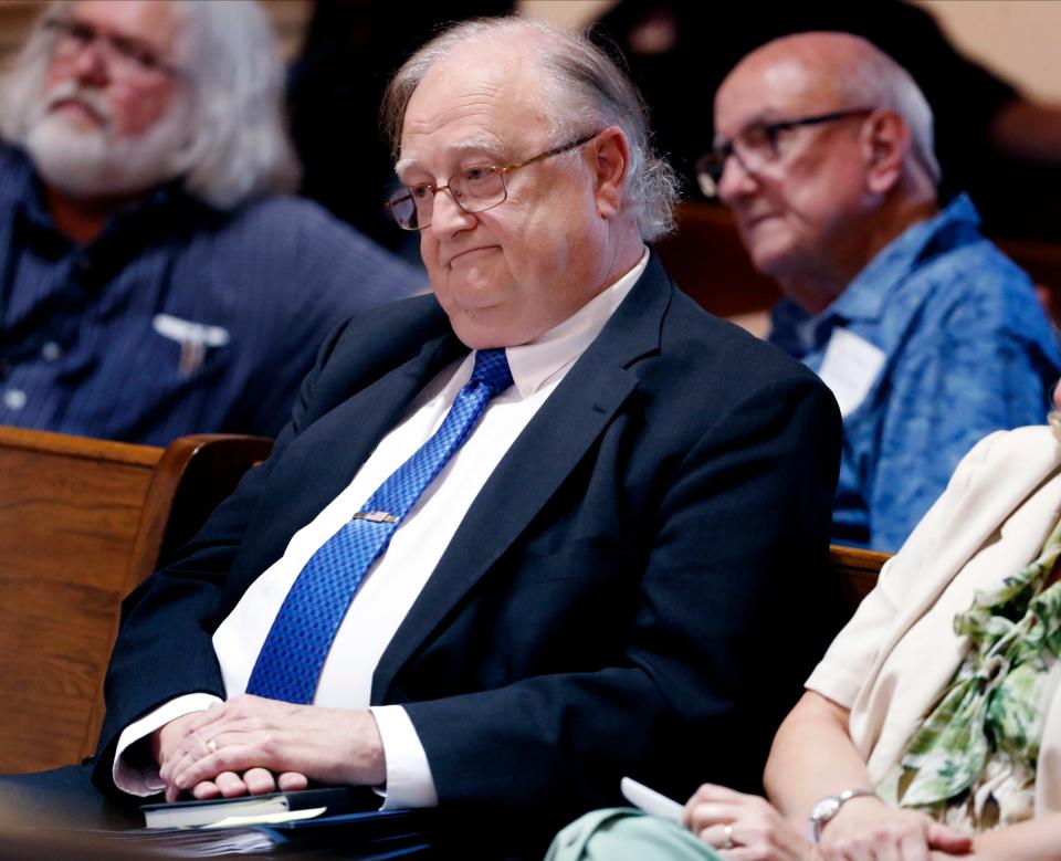 Rutherford County Property Assessor Rob Mitchell listens to visitors speak against him during an Ethics Committee Commission meeting held to address alleged concerns against Mitchell on Wednesday, July 17, 2024.