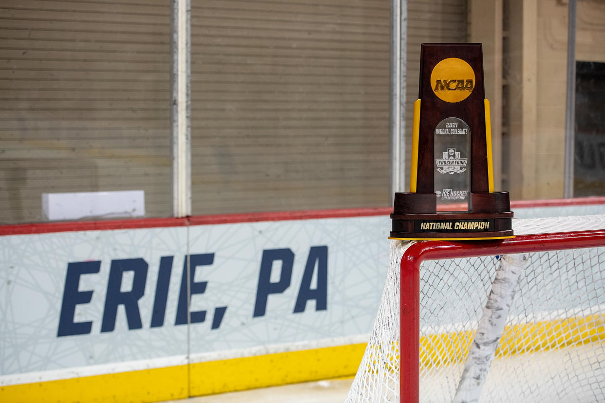 ERIE, PA - MARCH 20: The NCAA Championship Trophy is seen before the Division I Womens Ice Hockey Championship game between the Northeastern Huskies and the Wisconsin Badgers held at Erie Insurance Arena on March 20, 2021 in Erie, Pennsylvania. (Photo by Justin Berl/NCAA Photos/NCAA Photos via Getty Images)