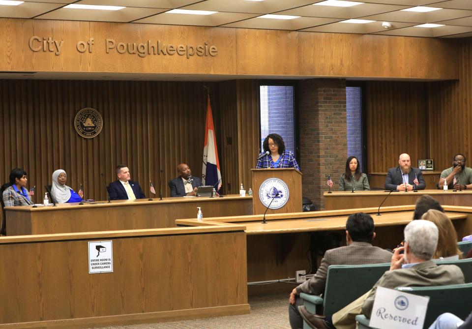 Mayor Yvonne Flowers delivers the State of the City address in the Common Council Chambers at City Hall on March 26, 2024.