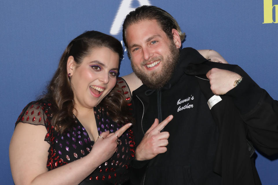 Despite Jonah Hill's very pointed sweater at this Los Angleles special screening of "Booksmart," many people were unaware until recently that he and Beanie Feldstein were related. (Photo: Paul Archuleta via Getty Images)