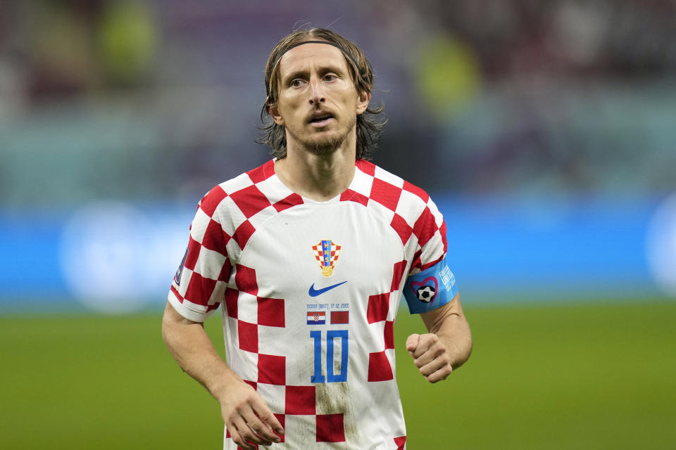 Croatia's Luka Modric plays during the World Cup third-place playoff soccer match between Croatia and Morocco at Khalifa International Stadium in Doha, Qatar, Saturday, Dec. 17, 2022. (AP Photo/Andre Penner)