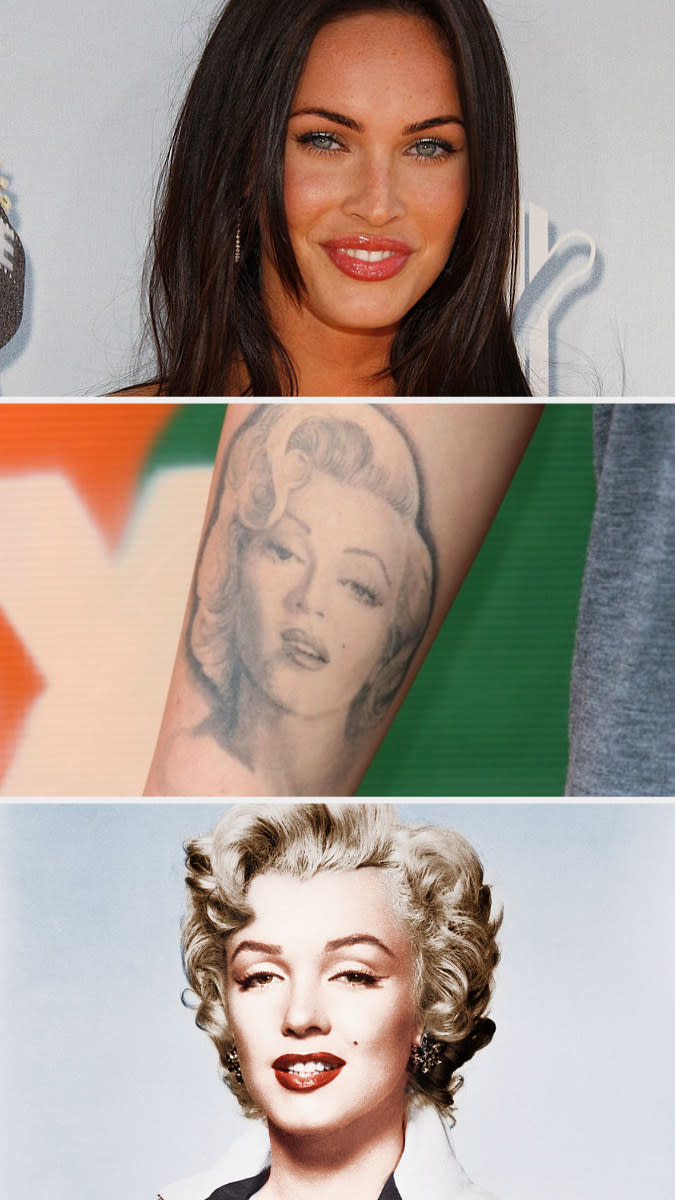 Fox in the mid-'00s; Fox's Monroe tattoo; Monroe in the '50s