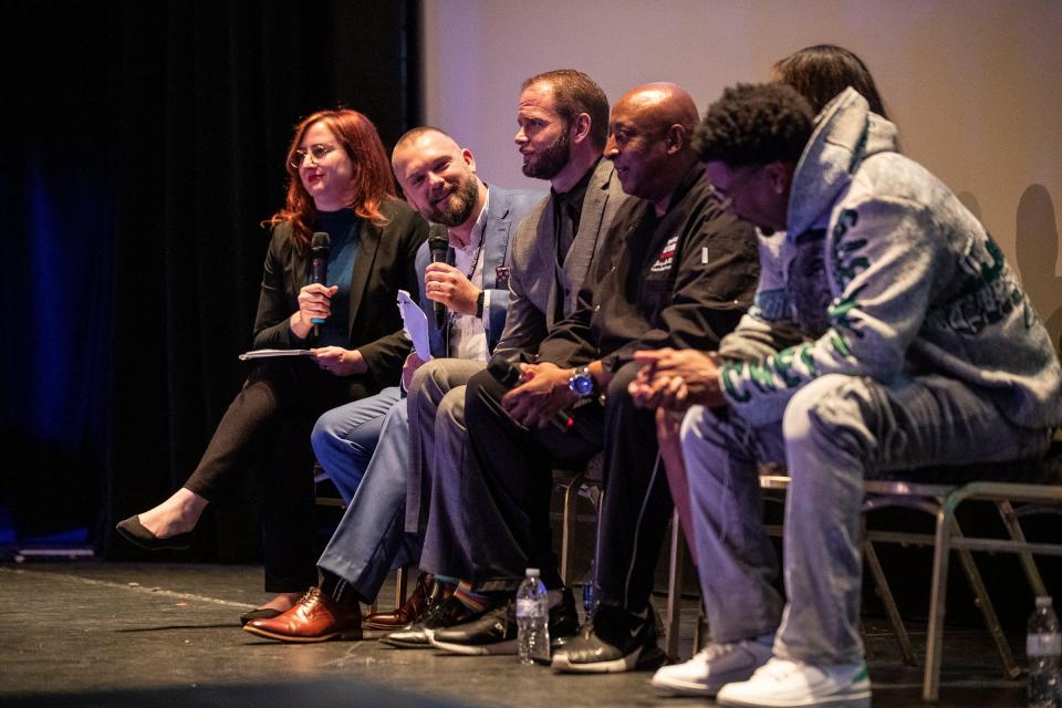 Former Free Press restaurant critic Mark Kurlyandchik speaks during the panel discussion after the Michigan premiere of Coldwater Kitchen on the first day of Freep Film Festival at the Detroit Film Theatre in Detroit on Wednesday, April 26, 2023.