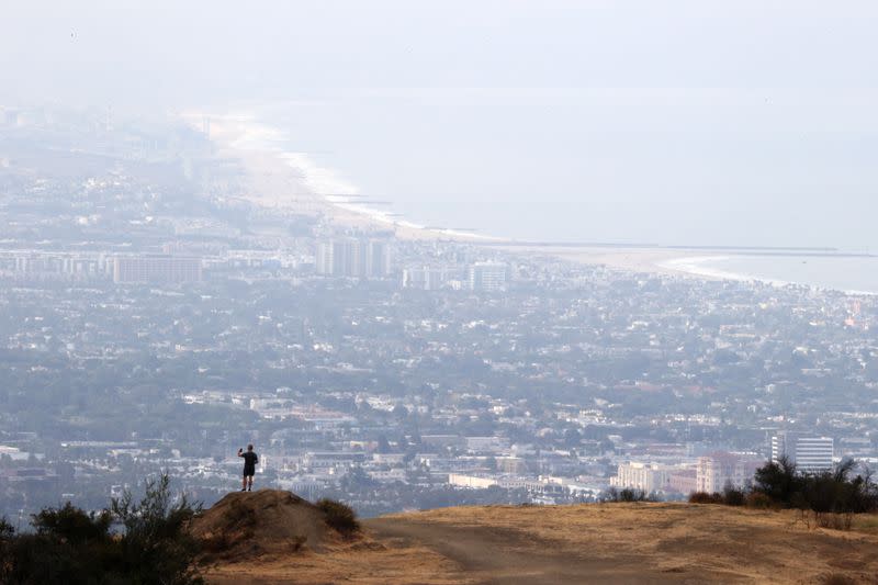 A man makes a video call overlooking the Pacific Ocean amid the coronavirus disease (COVID-19) outbreak, in Los Angeles