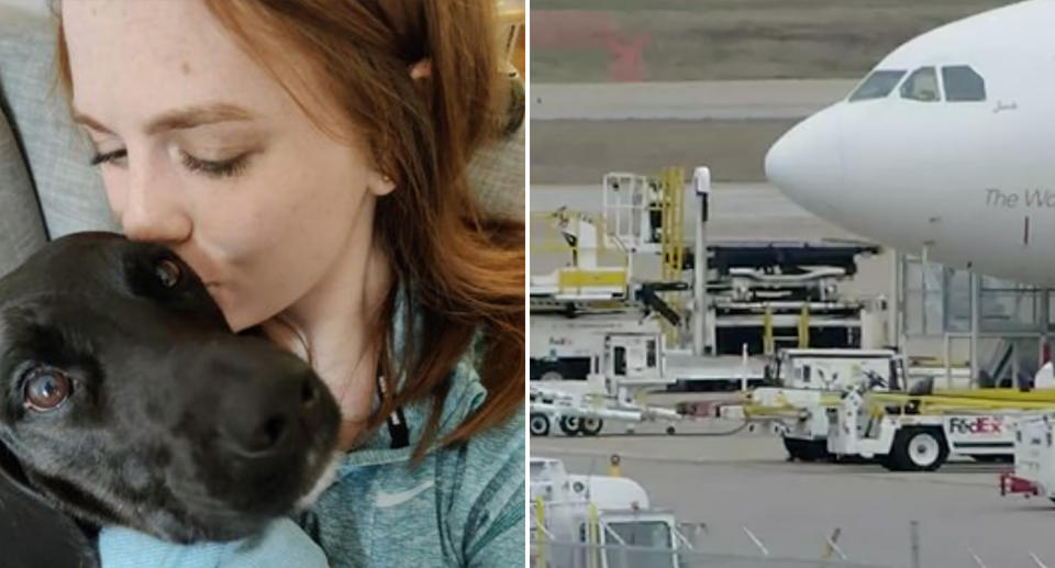 Madison hugging Bluebell the dog and a plane at the airport. 