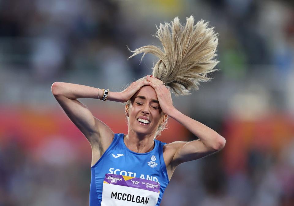 Scotland's Eilish McColgan celebrates winning the gold medal in the Women's 10,000m Final at the Birmingham 2022 Commonwealth Games in Birmingham, England.