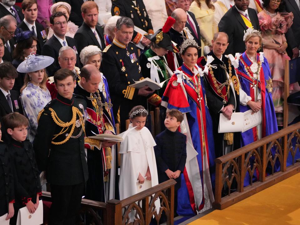 Prince Harry, Prince William, and Kate Middleton attend the coronation of King Charles.