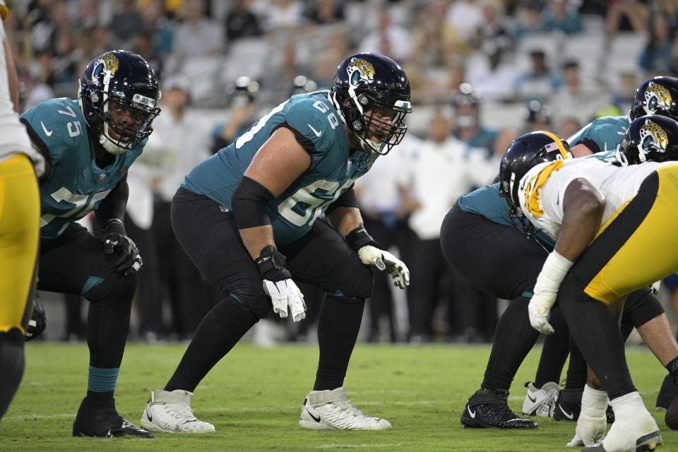 Jacksonville Jaguars guard Brandon Scherff (68) sets up for a play during the first half of a preseason NFL football game against the Pittsburgh Steelers, Saturday, Aug. 20, 2022, in Jacksonville, Fla. (AP Photo/Phelan M. Ebenhack)