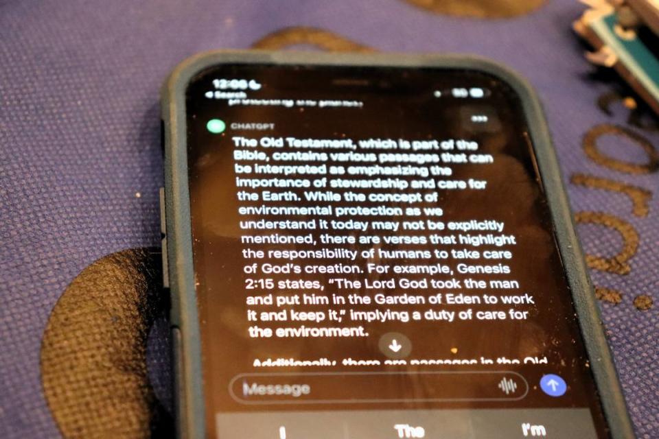The response Chat GPT gave to Ilene Kent’s phone about the importance of stewardship from the Old Testament. Chat GPT suggests, “There are verses that highlight the responsibility of humans to take care of God’s creation, in Genesis 2:15.”