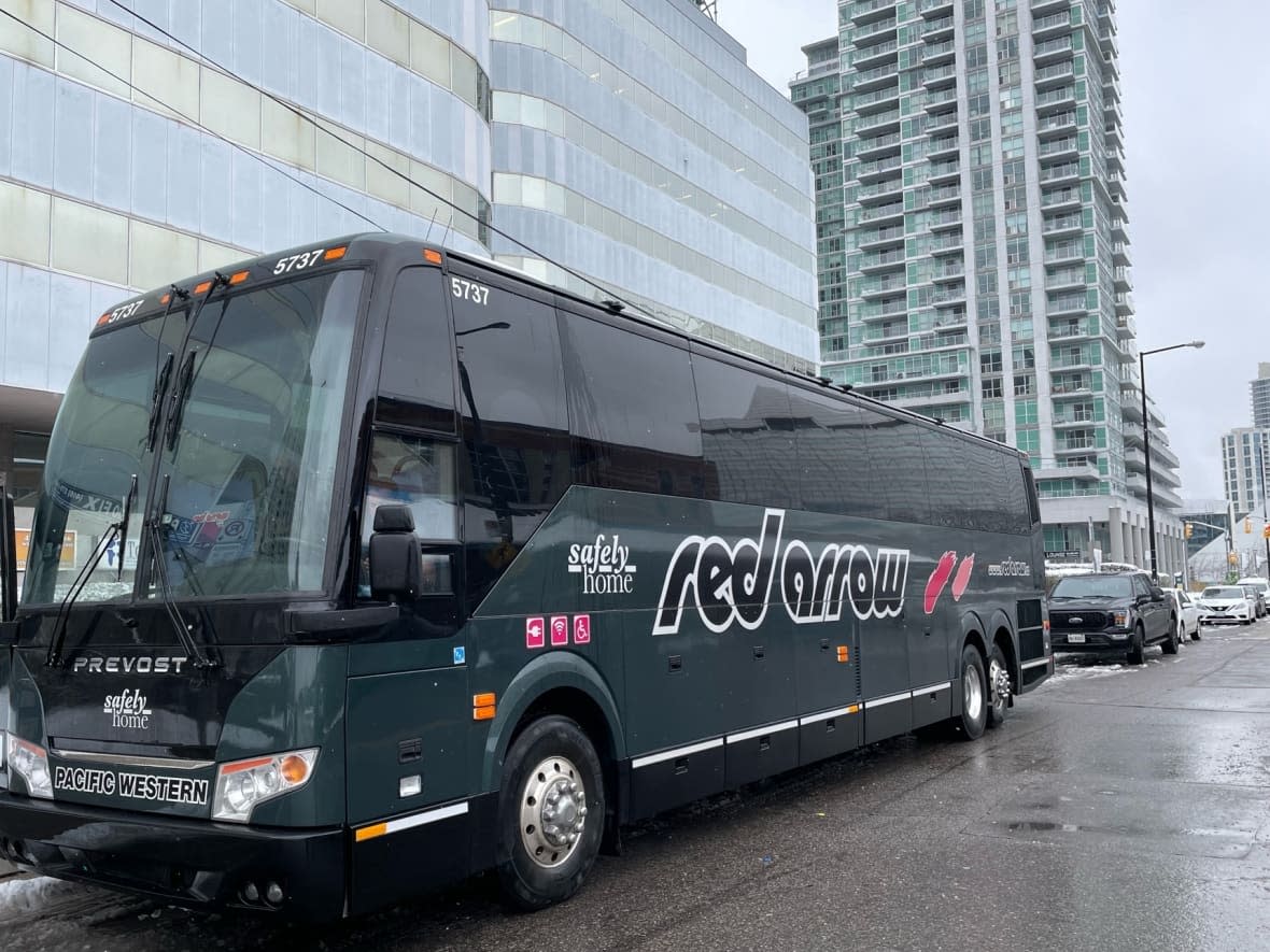 Alberta-based bus service company Red Arrow launched its first bus route in Ontario on Dec. 8. It'll run seven days a week with six trips daily.   (Submitted by Red Arrow - image credit)