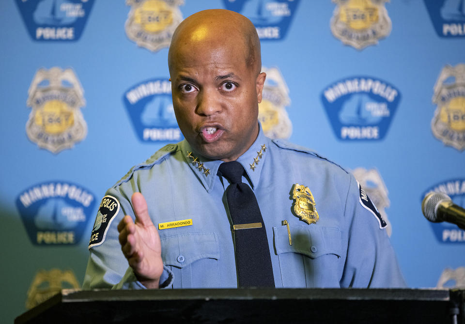 Minneapolis Police Chief Medaria Arradondo addresses the media regarding the proposed charter amendment that would replace the police department, during a new conference at St. Mary's Greek Orthodox Church, Wednesday, Oct. 27, 2021, in Minneapolis. (Elizabeth Flores/Star Tribune via AP)