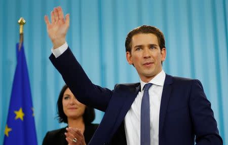 Top candidate of the People's Party (OeVP) Sebastian Kurz attends his party's victory celebration meeting in Vienna, Austria, October 15, 2017. REUTERS/Dominic Ebenbichler