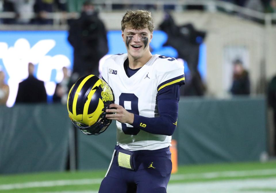 Michigan Wolverines quarterback J.J. McCarthy (9) takes the field before action against the Michigan State Spartans at Spartan Stadium in East Lansing on Saturday, Oct. 21, 2023.
