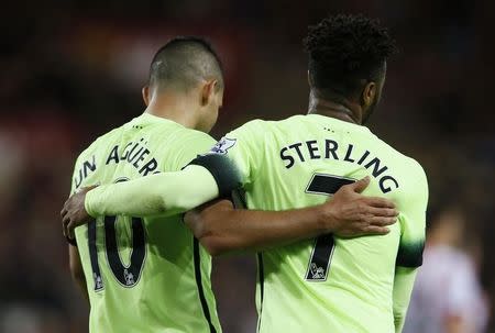 Football - Sunderland v Manchester City - Capital One Cup Third Round - Stadium of Light - 22/9/15 Raheem Sterling celebrates with Sergio Aguero after scoring the fourth goal for Manchester City Action Images via Reuters / Lee Smith Livepic