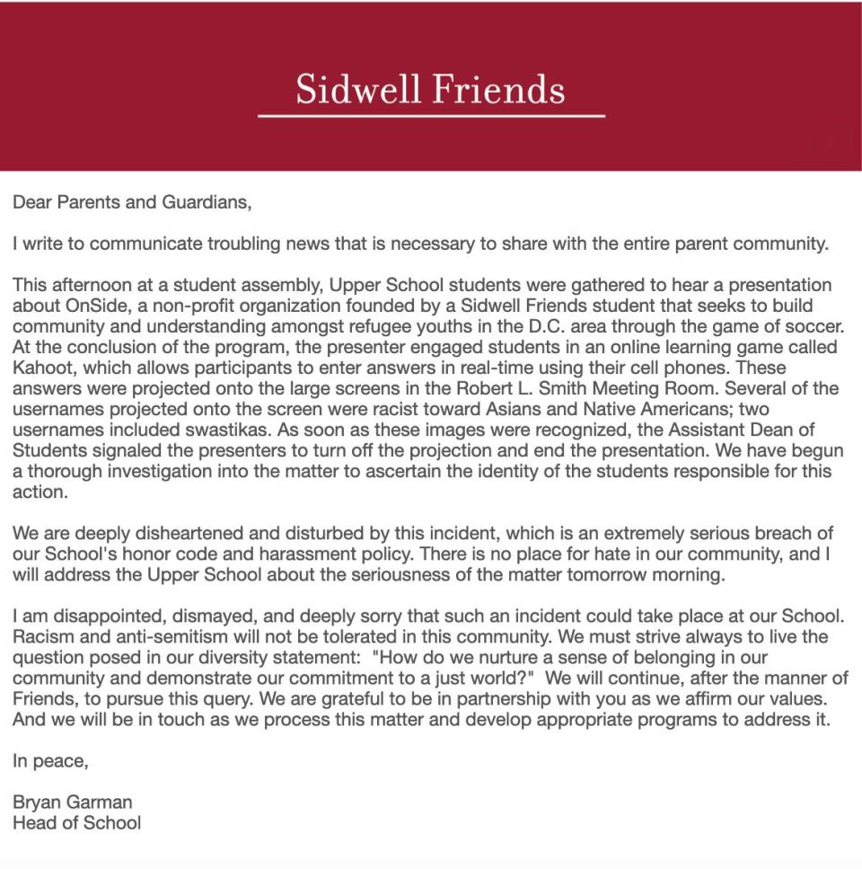 A letter from Bryan Garman, the head of Sidwell Friends School, about swastikas appearing at the Washington, D.C., school on March 6, 2019. (Photo: Sidwell Friends School)