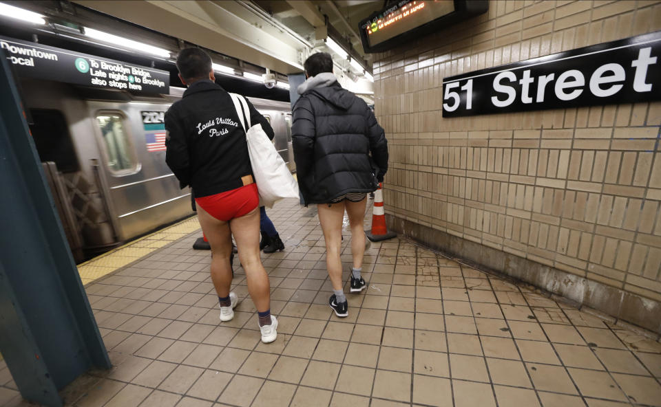 Participants in the 18th annual No Pants Subway Ride transfer between trains at the 51st Street subway station, Jan. 13, 2019, in New York. (Photo: Kathy Willens/AP)