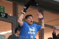 <p>Diego Maradona shows his support duringthe 2018 FIFA World Cup Russia group D match between Argentina and Croatia at Nizhny Novgorod Stadium on June 21, 2018 in Nizhny Novgorod, Russia. (Photo by Matthew Ashton – AMA/Getty Images) </p>
