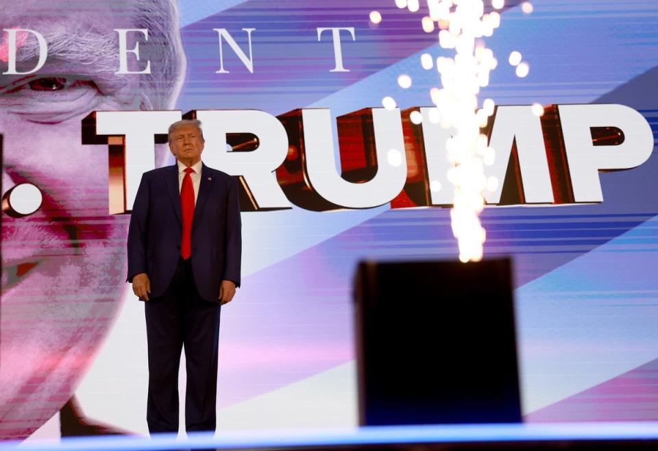 Former US President Donald Trump speaks at the Turning Point Action conference as he continues his 2024 presidential campaign on July 15, 2023 in West Palm Beach, Florida. (Getty Images)