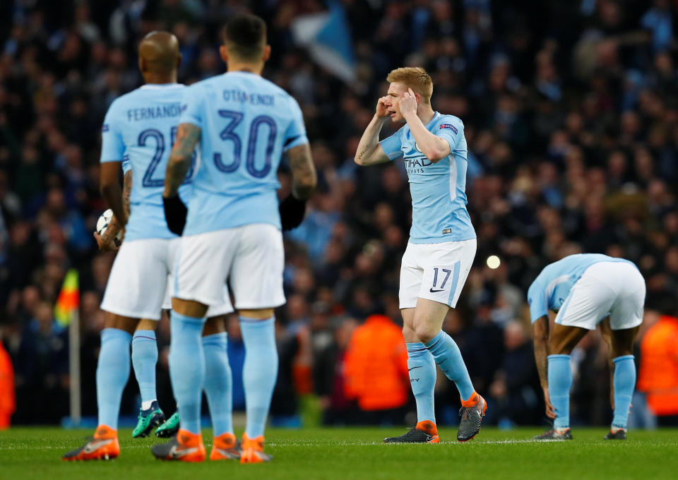 <p>Soccer Football – Champions League Quarter Final Second Leg – Manchester City vs Liverpool – Etihad Stadium, Manchester, Britain – April 10, 2018 Manchester City’s Kevin De Bruyne reacts after Gabriel Jesus scores their first goal Action Images via Reuters/Jason Cairnduff </p>