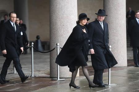 The Royal Family, Prince Daniel, Queen Silvia and King Carl XVI Gustaf arriving at Stockholm City Hall for the official ceremony with one minute of silence at noon to remember the victims of Friday's terror attack on Drottninggatan, Stockholm, Monday, April 10, 2017.TT NEWS AGENCY/Fredrik Sandberg via REUTERS